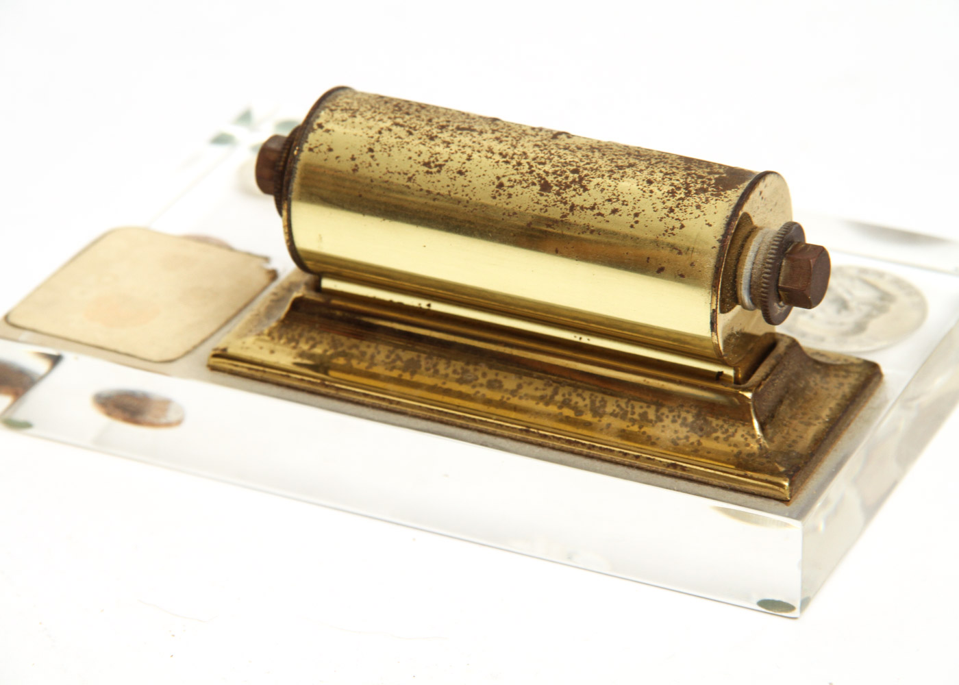 Mid-Century Desk Calendar on Lucite Plinth with Coins