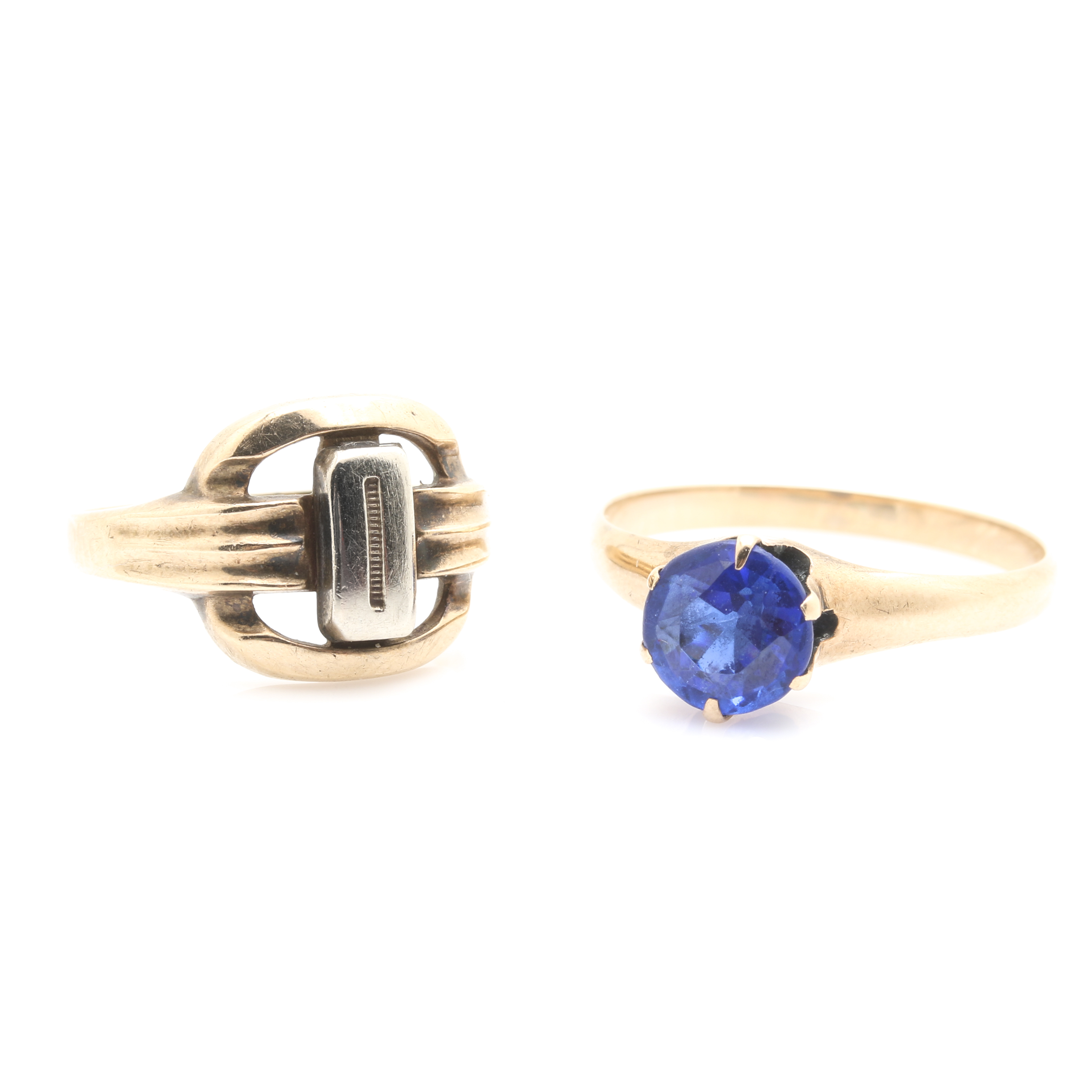 Pair of 10K Two Tone Gold Rings Featuring a Garnet Glass Doublet