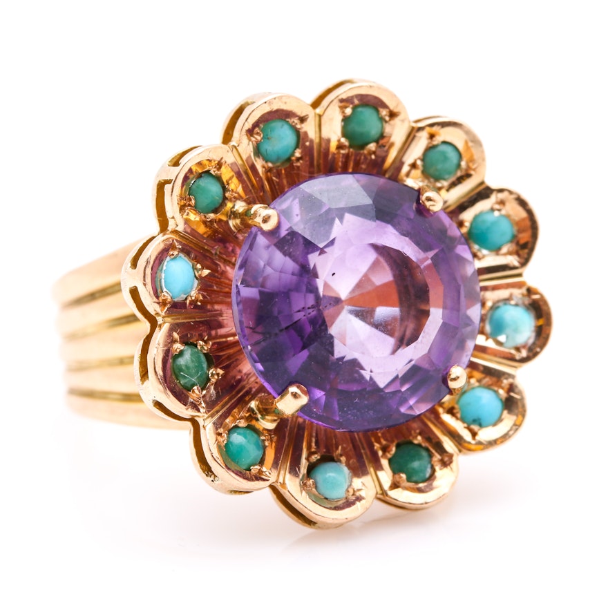 18K Yellow Gold Amethyst and Turquoise Floral Ring