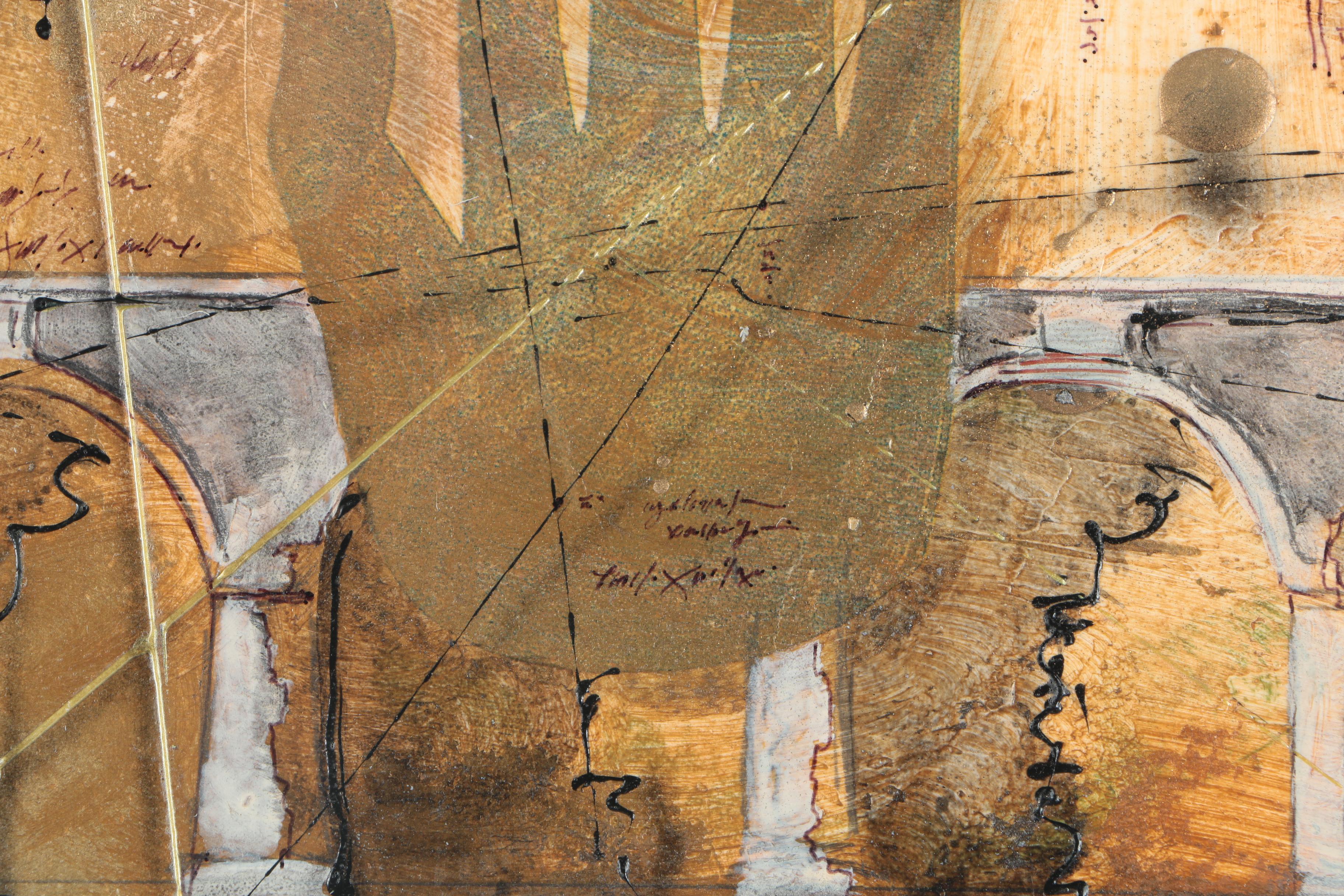 Mixed Media Work on Paper of Palm and Architectural Imagery