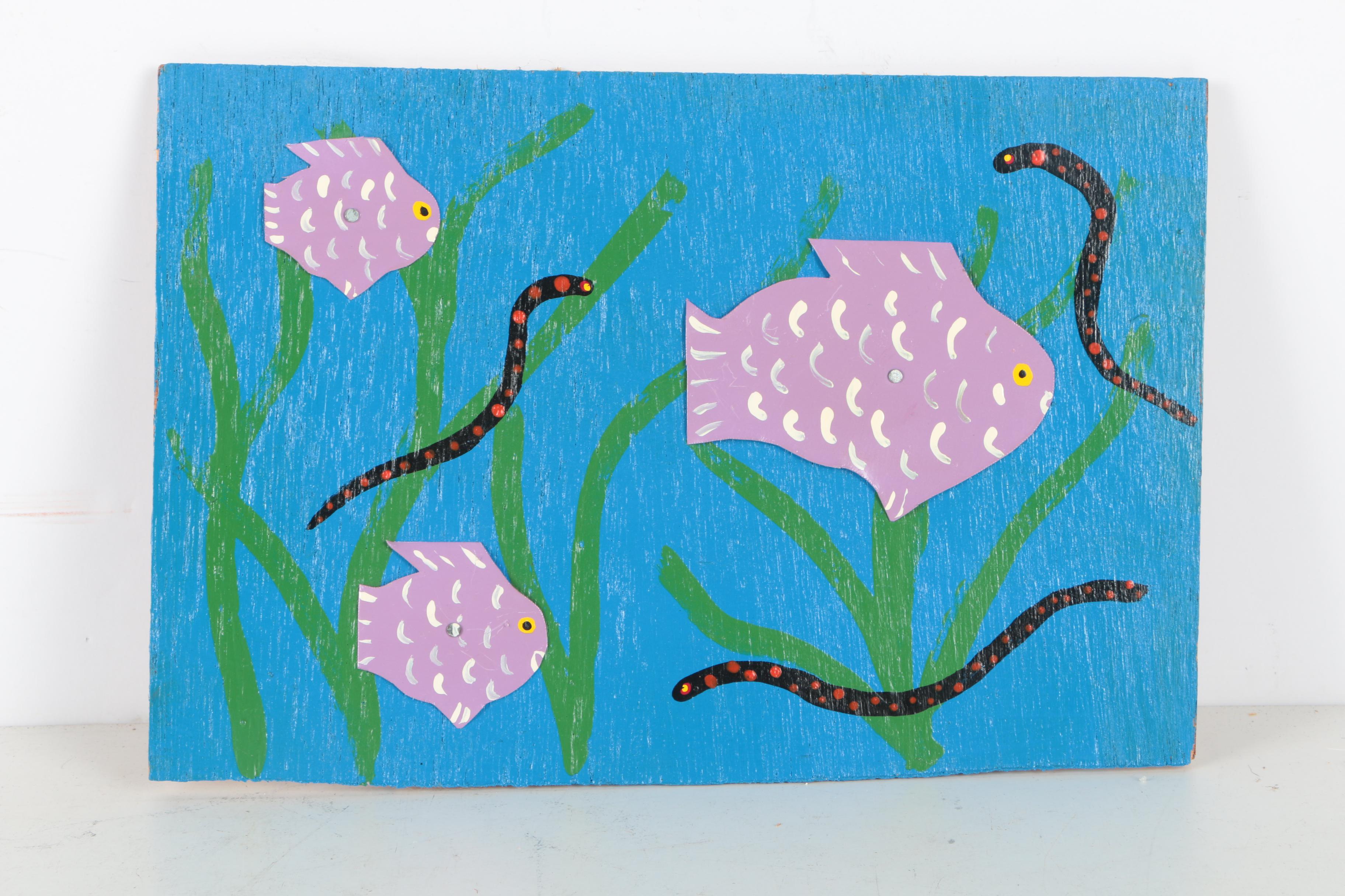 Patience Hamilton Folk Art Mixed Media on Board of Underwater Landscapes