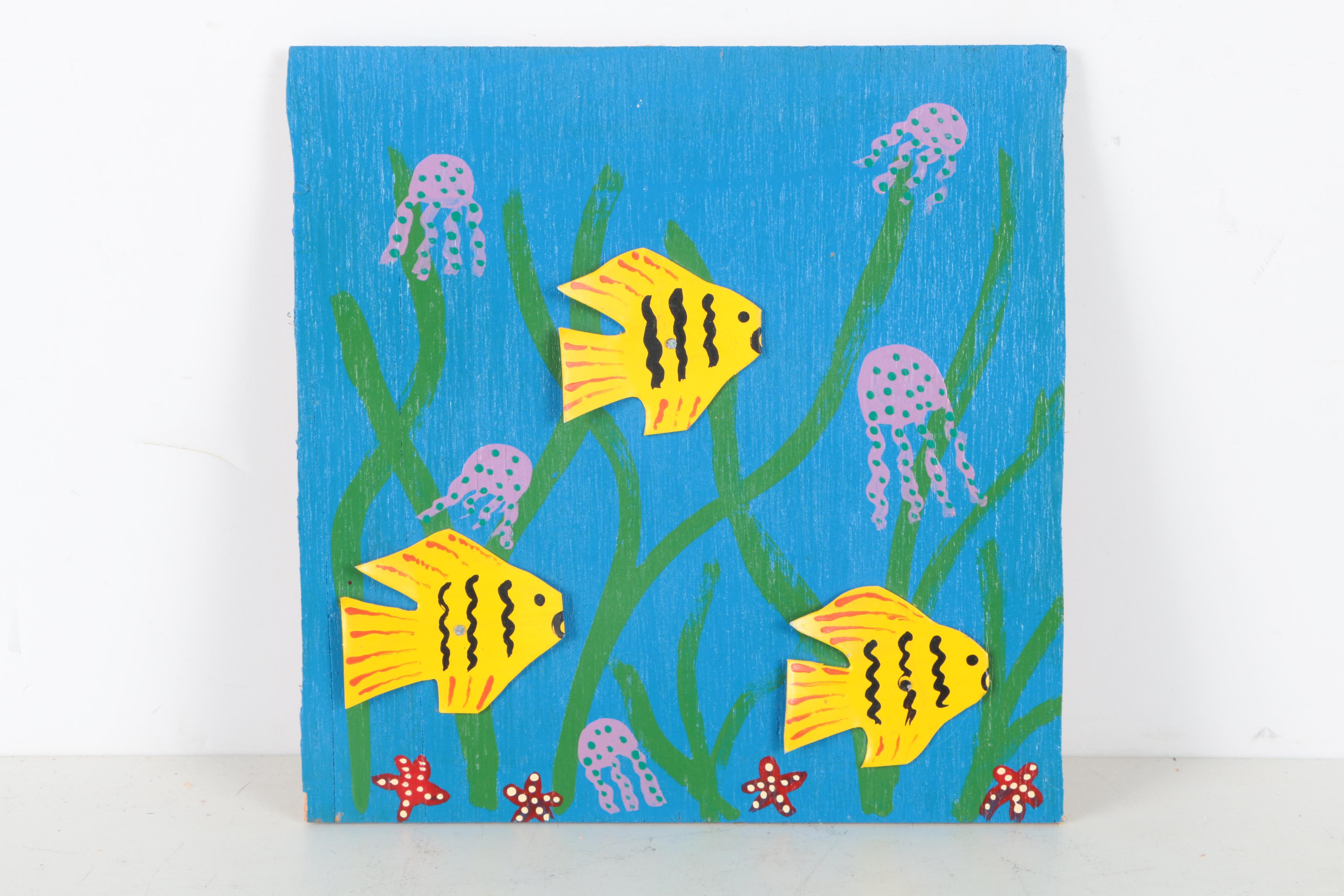 Patience Hamilton Folk Art Mixed Media on Board of Underwater Landscapes