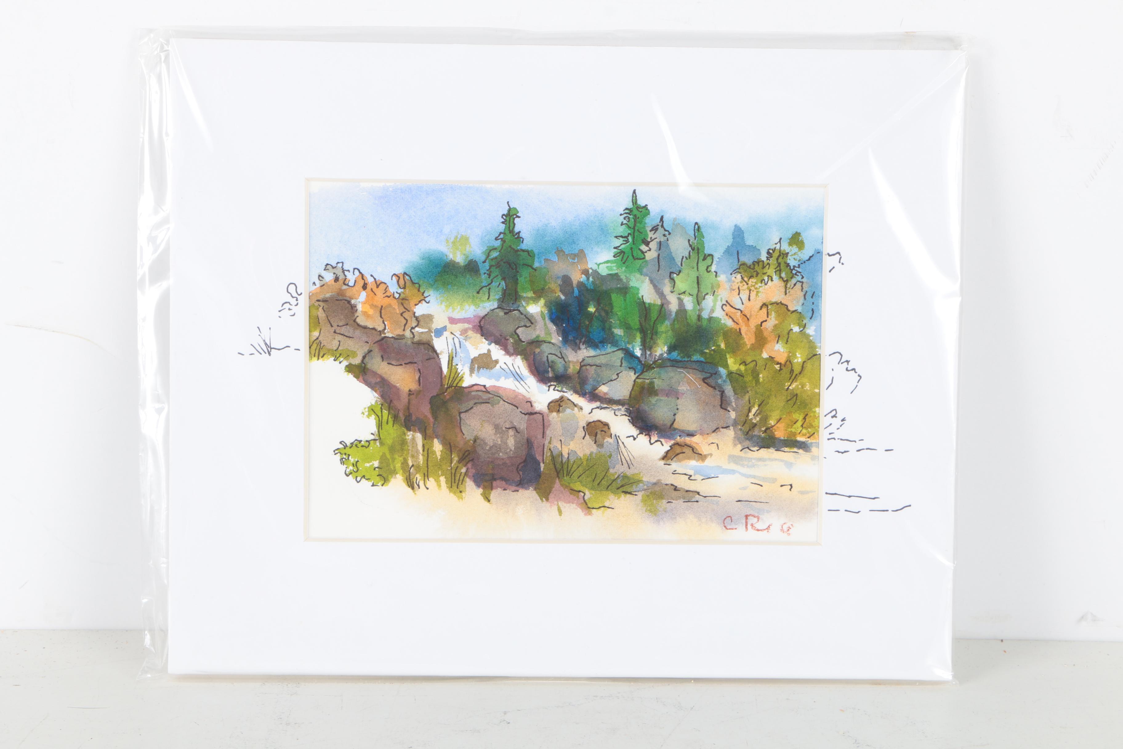 Cathy Rice Watercolor Paintings "Edge of the River" and "Tumbling Creek"