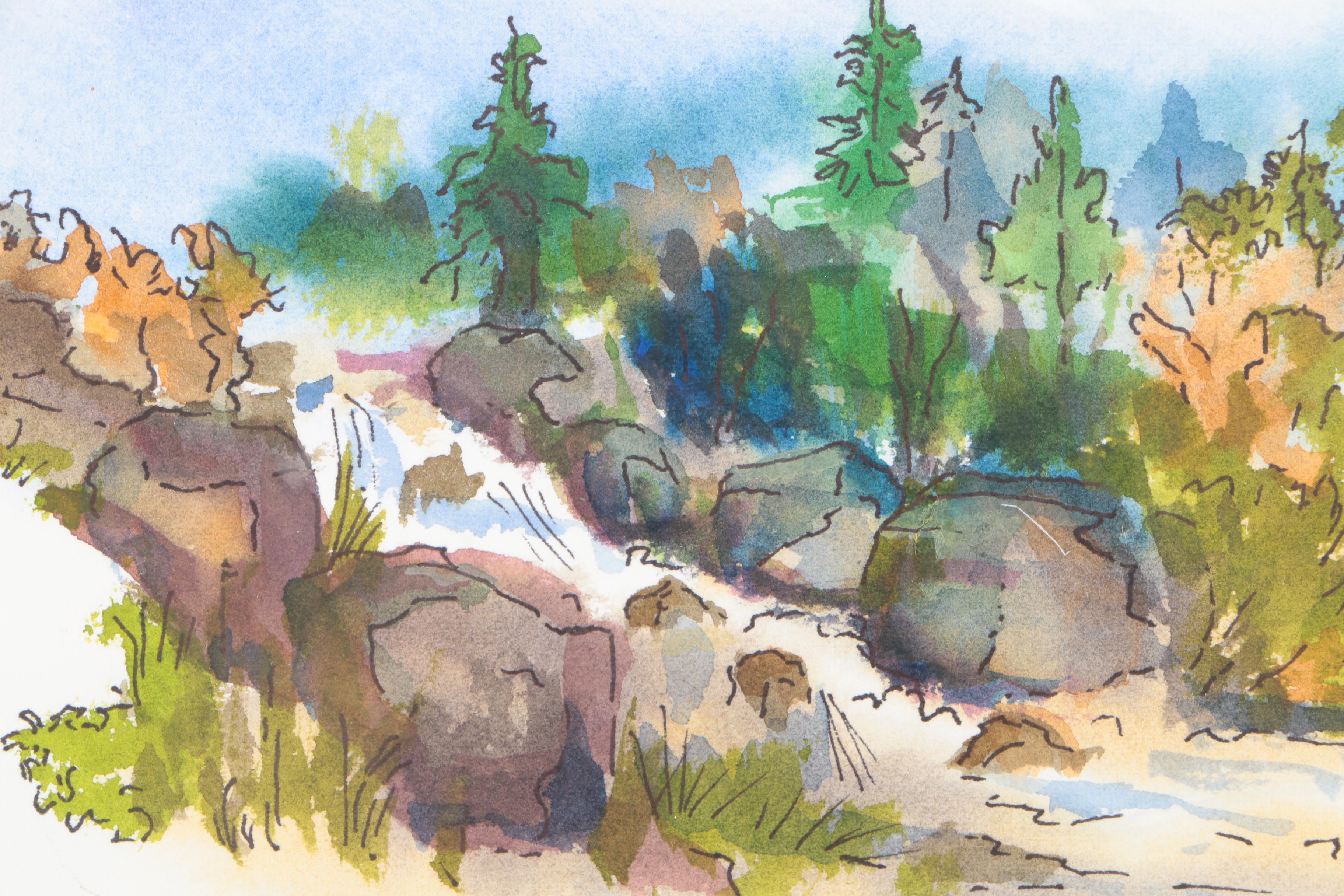 Cathy Rice Watercolor Paintings "Edge of the River" and "Tumbling Creek"