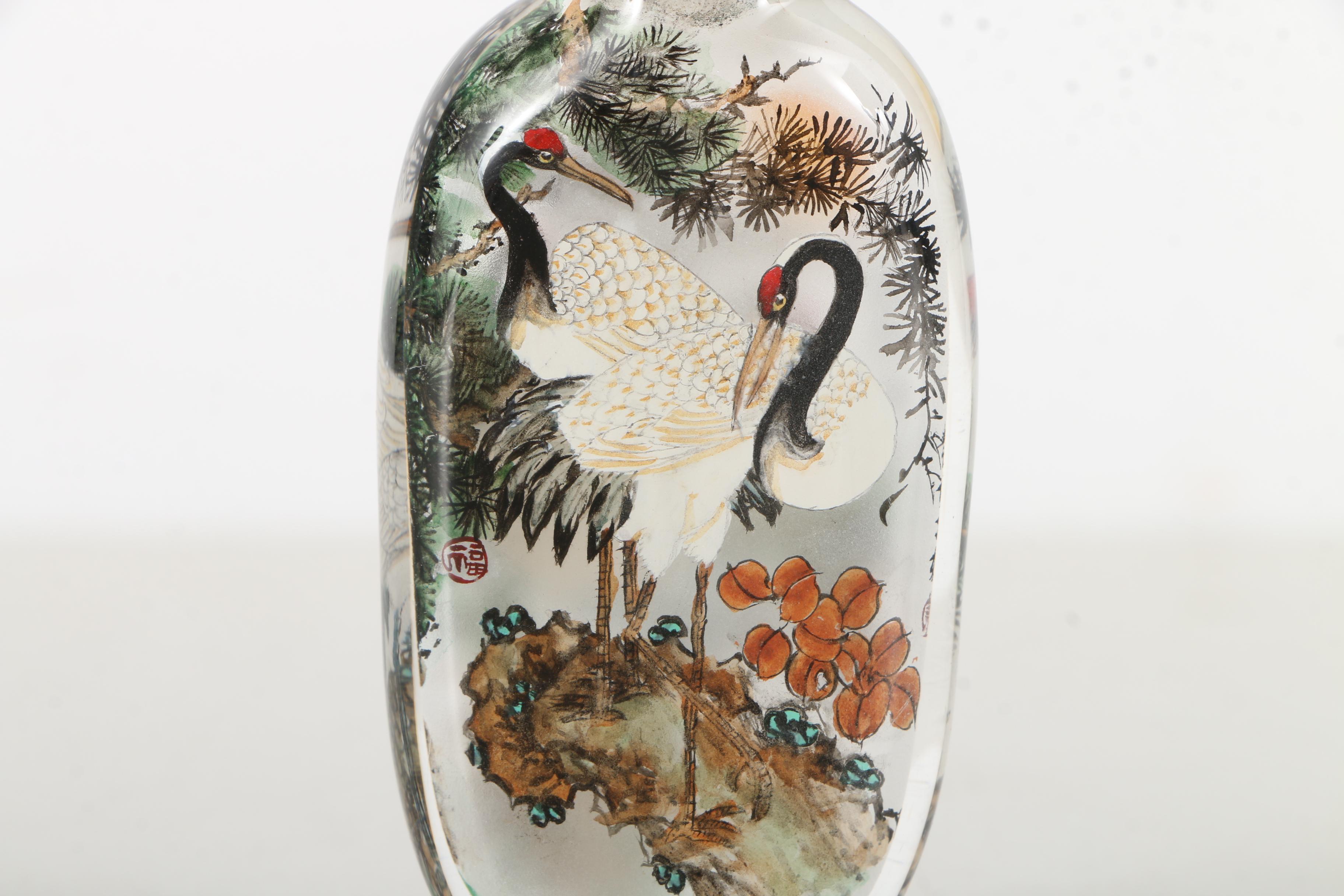 Hand Painted Chinese Glass Snuff Bottle With Crane Motif