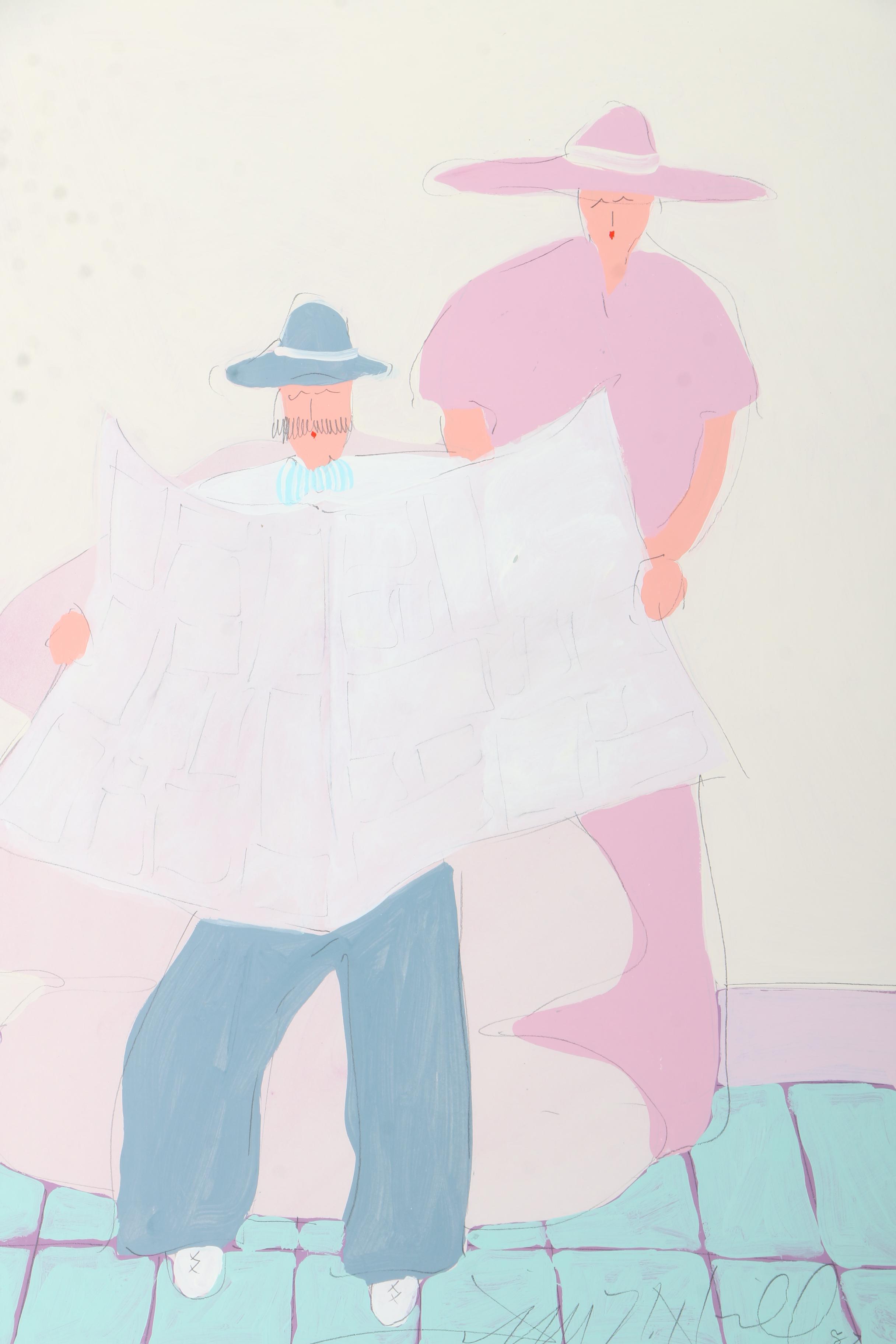 Jim N. Hill Acrylic Painting on Paper of Couple Reading Newspaper