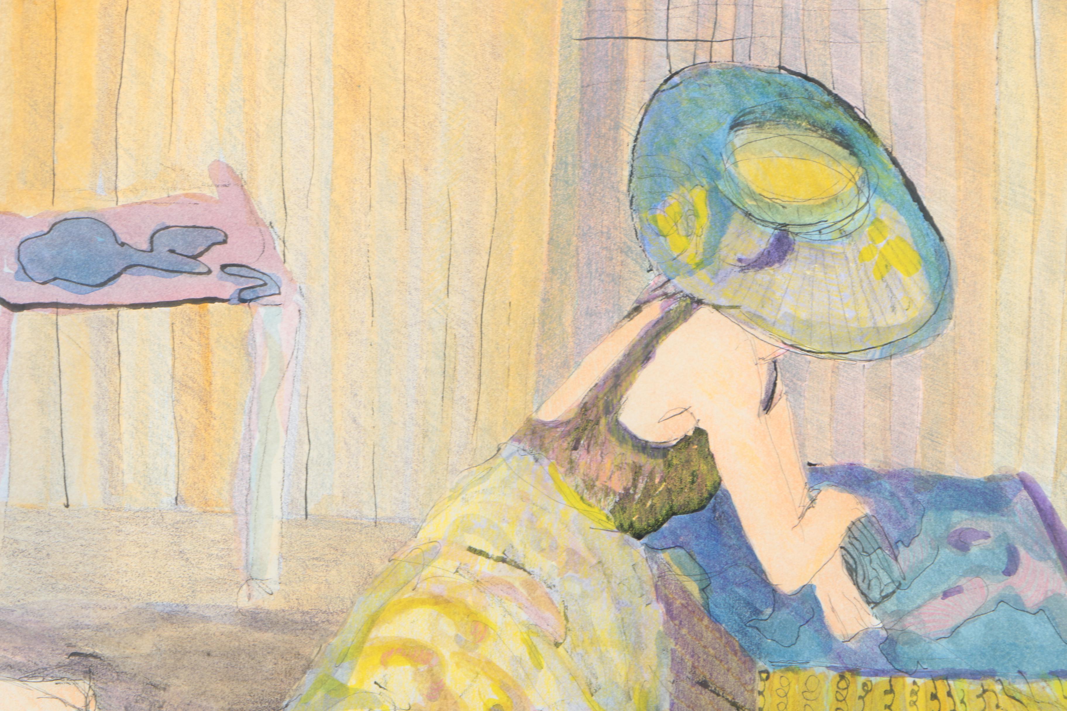 Helen DeRamus Ink and Watercolor on Paper of a Kneeling Woman