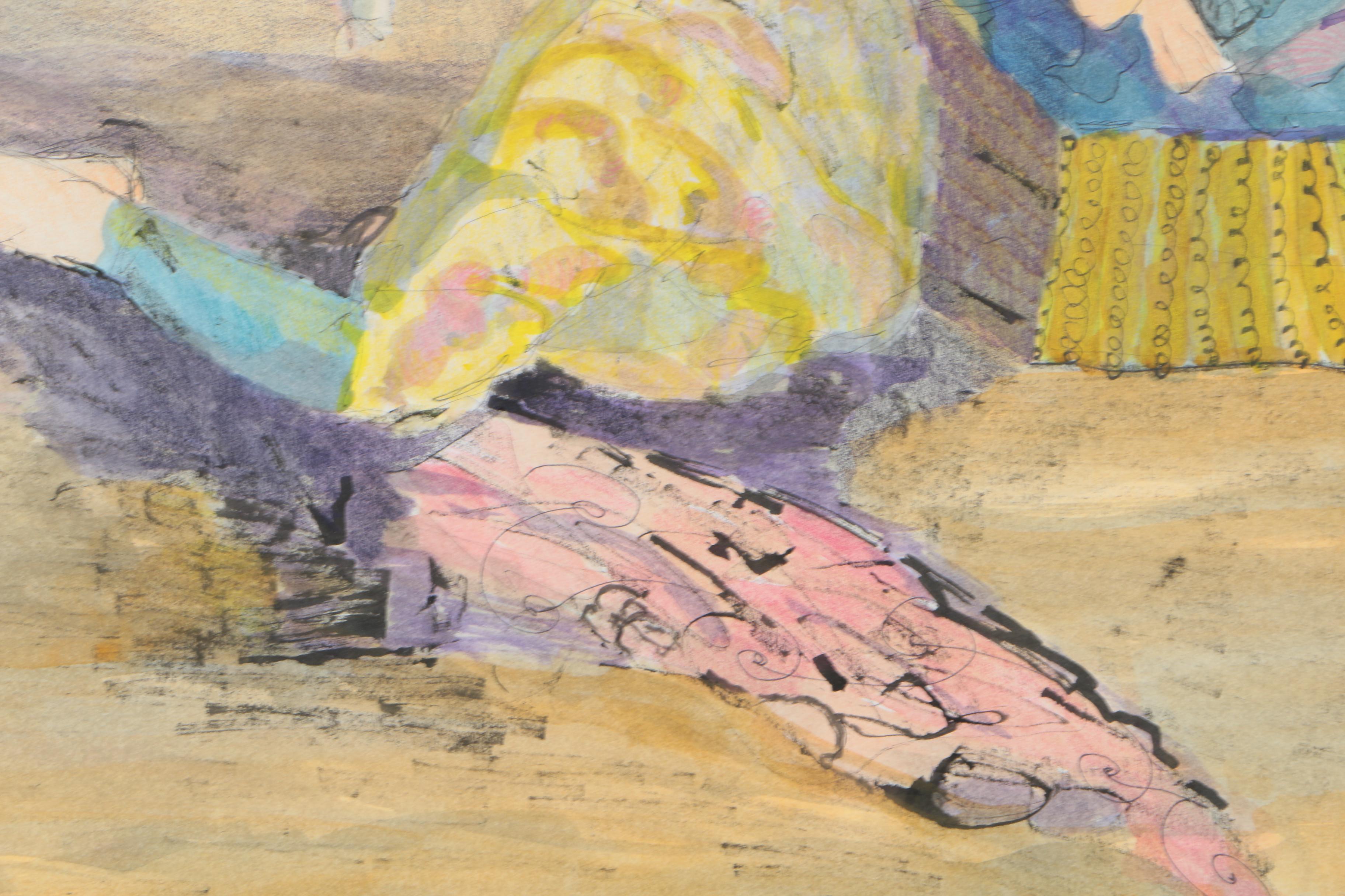 Helen DeRamus Ink and Watercolor on Paper of a Kneeling Woman