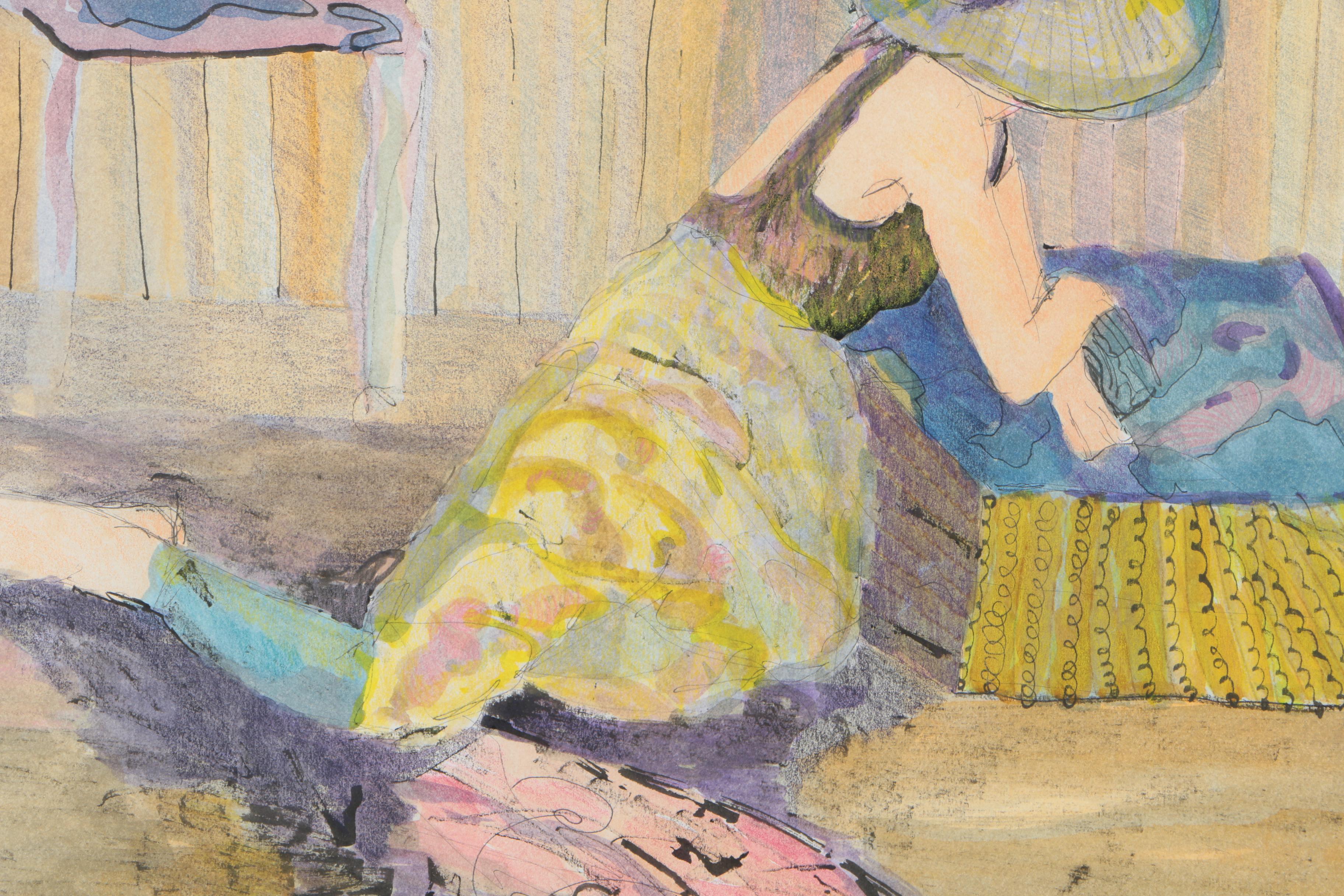 Helen DeRamus Ink and Watercolor on Paper of a Kneeling Woman