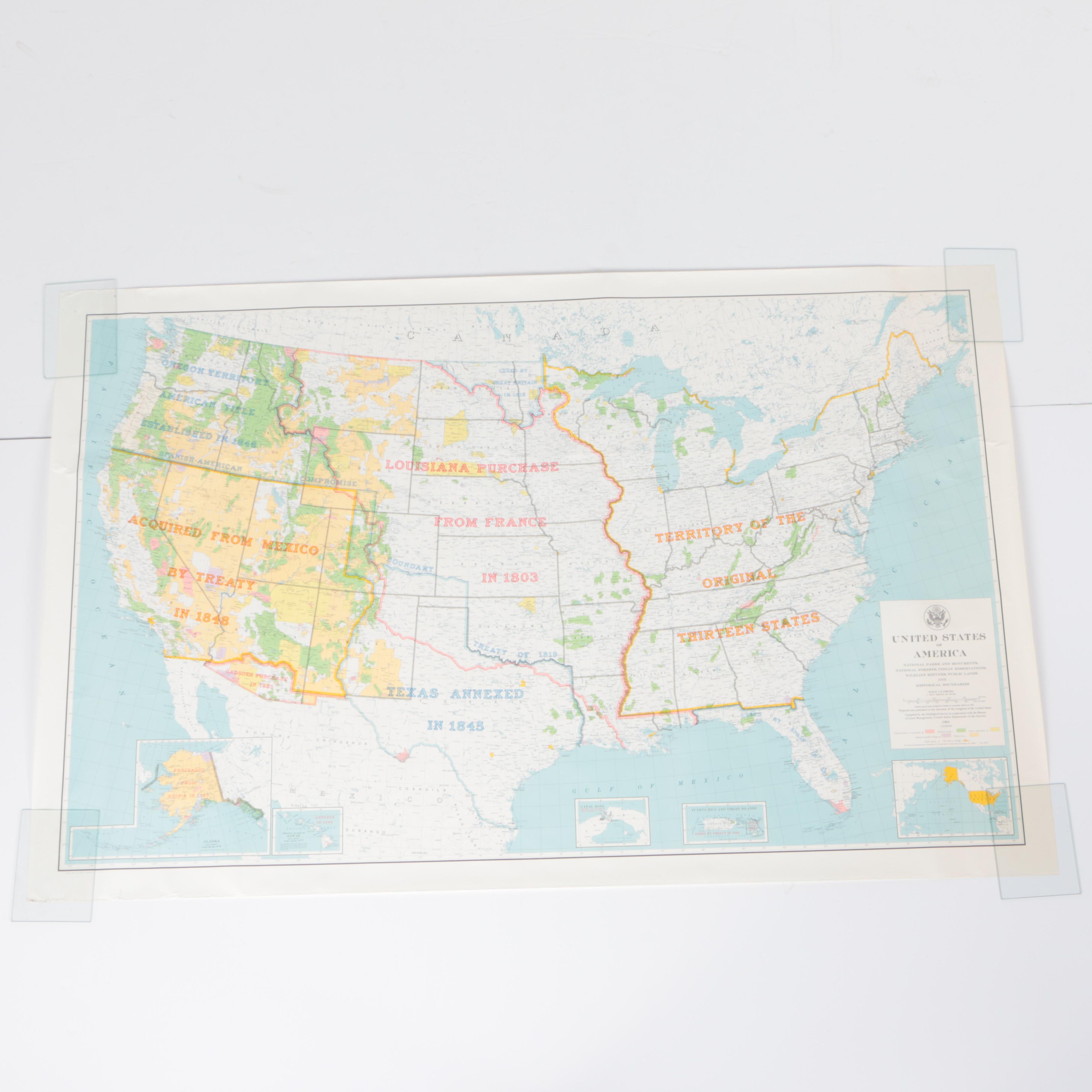 1964 Map of the United States With National Parks, Historical Boundaries and More
