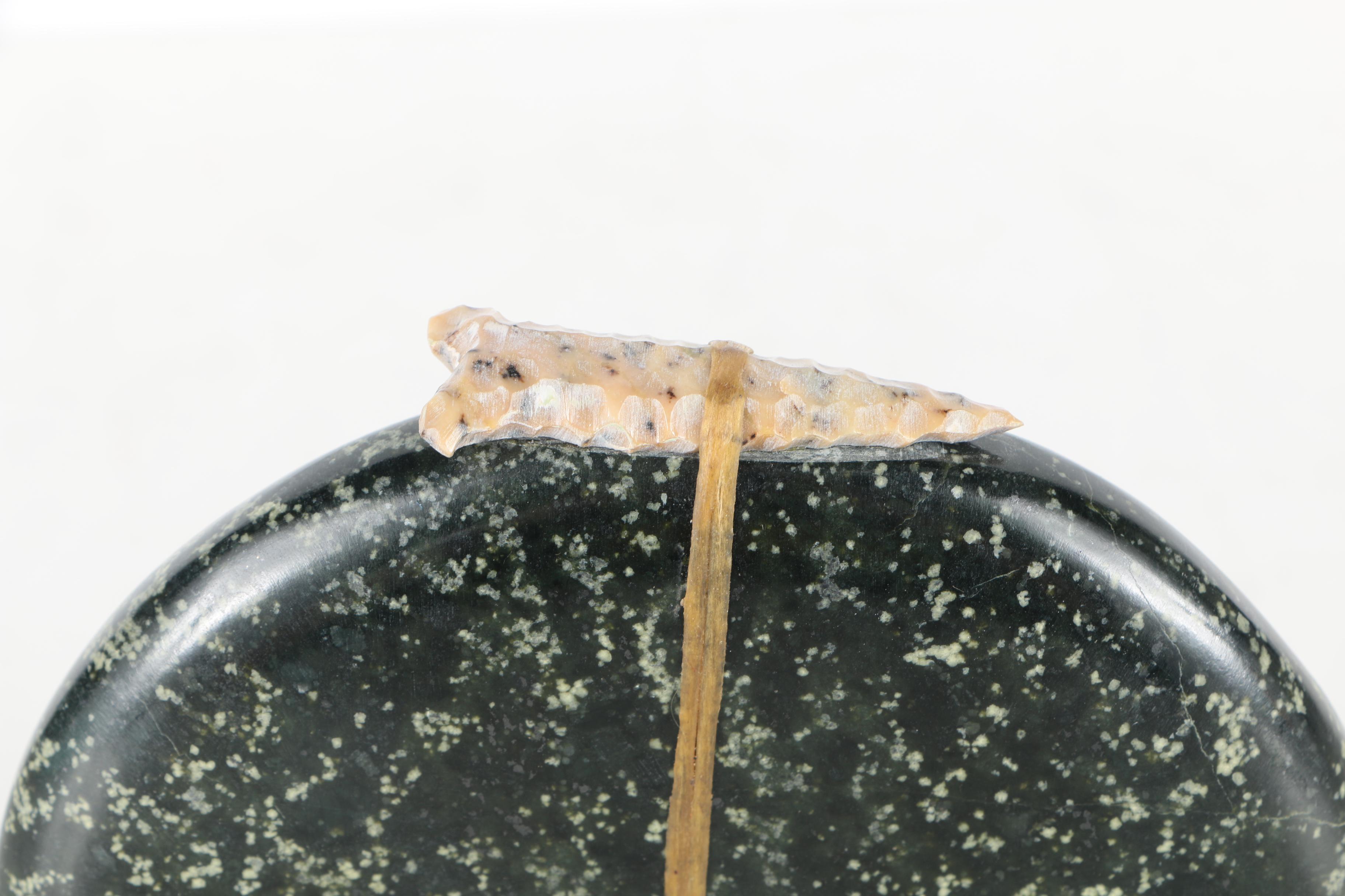 Zuni Native American-Inspired Carved Porphyritic Basalt Bear Fetish With Jasper Projectile Point