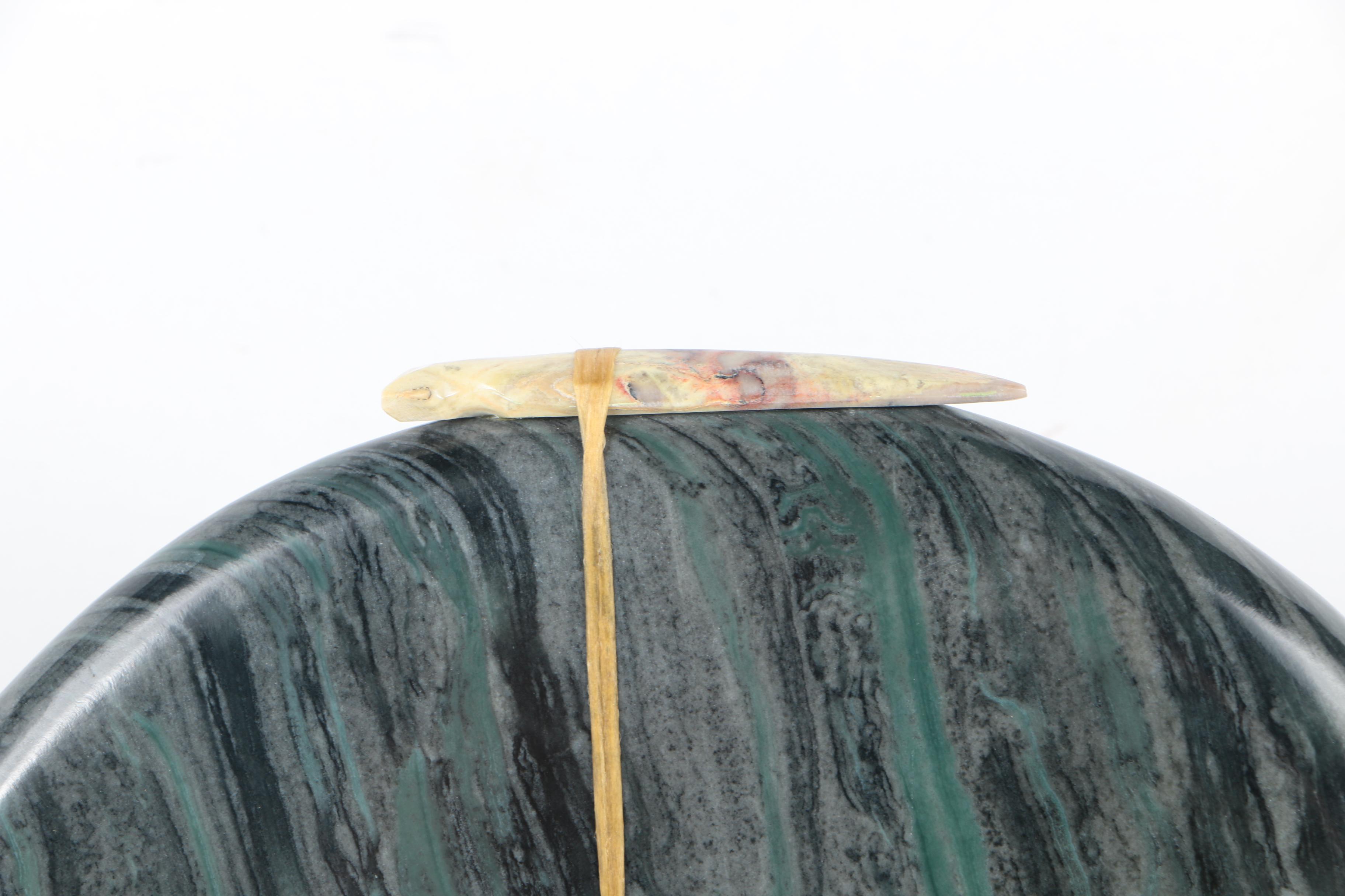 Zuni Native American-Inspired Carved Marble Rounded Bear Fetish With Agate Projectile Point