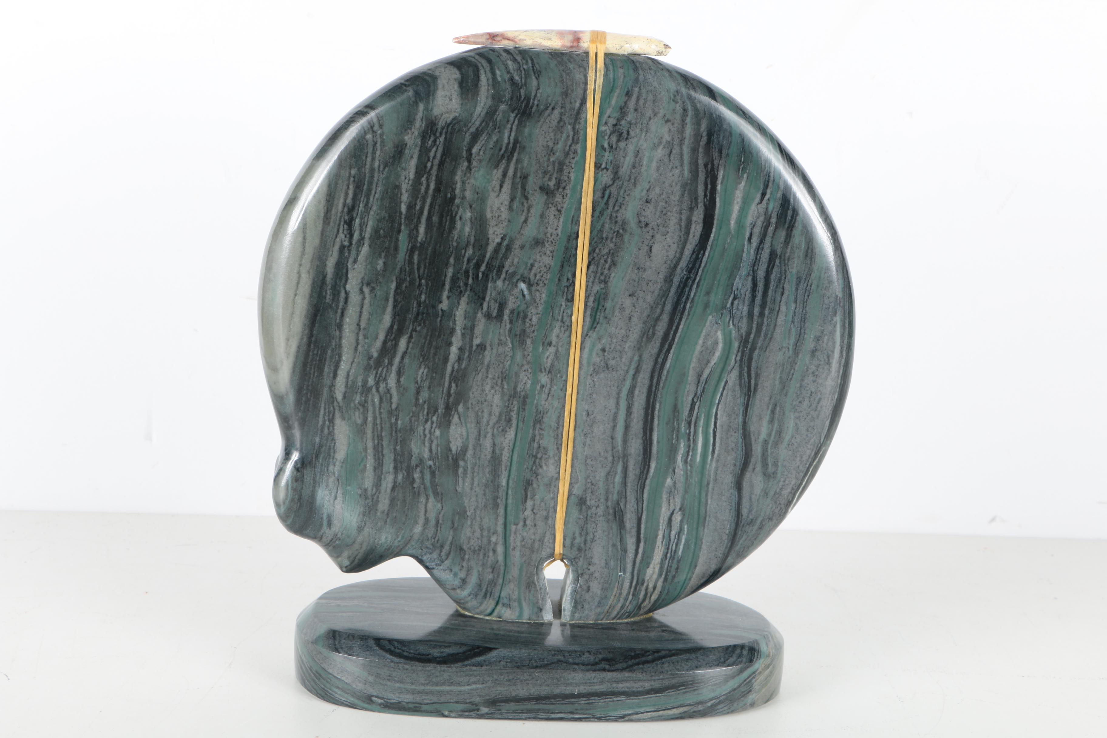 Zuni Native American-Inspired Carved Marble Rounded Bear Fetish With Agate Projectile Point