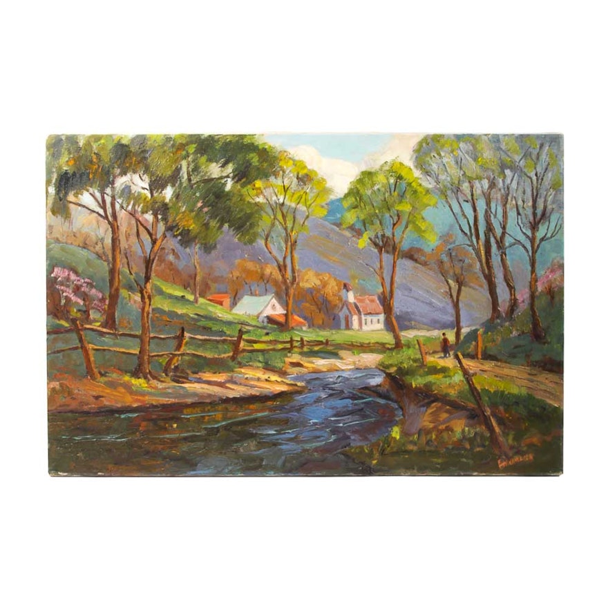 Judge Ed J. Hummer Original Oil Painting of a Stream and VIllage