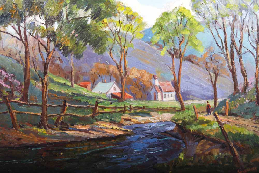 Judge Ed J. Hummer Original Oil Painting of a Stream and VIllage