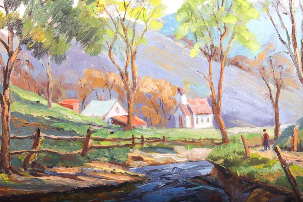 Judge Ed J. Hummer Original Oil Painting of a Stream and VIllage