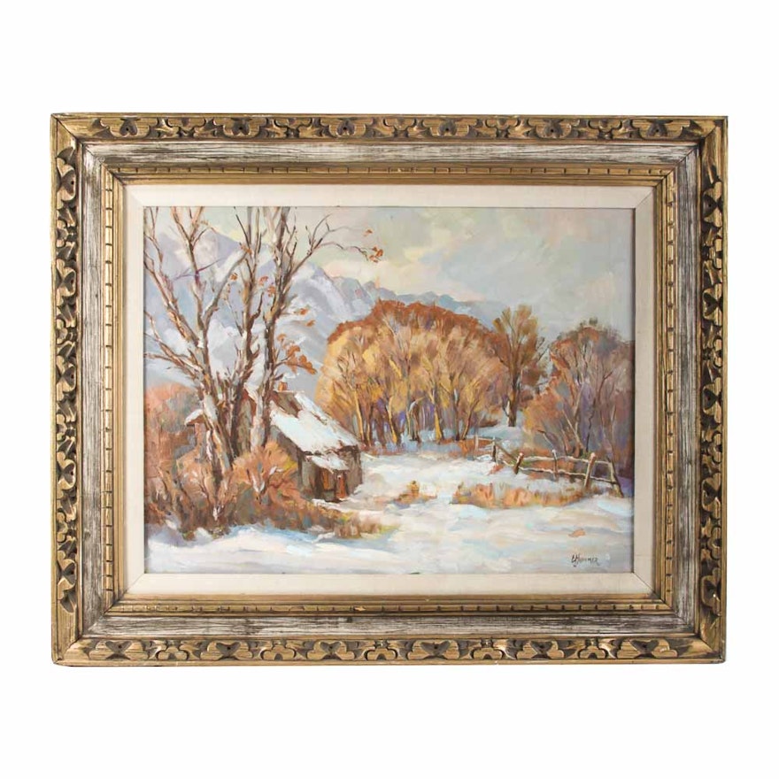 Judge Ed J. Hummer Original Oil Painting "Cabin in the Snow"