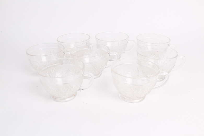 Anchor Hocking "Sandwich Clear" Depression Glass Punchbowl and Cups