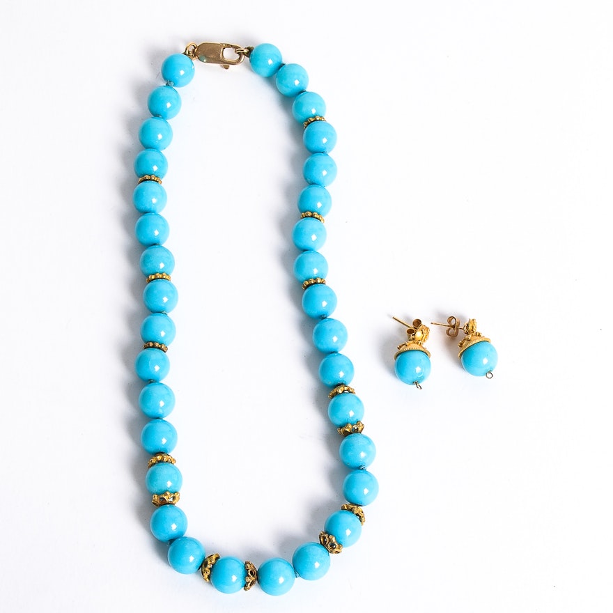 14K Yellow Gold and Teal Jade Beaded Demi Parure