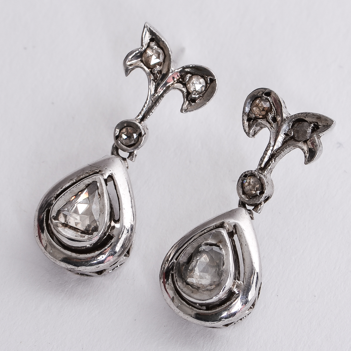 10K Antique White Gold and Rose Cut Diamond Drop Earrings