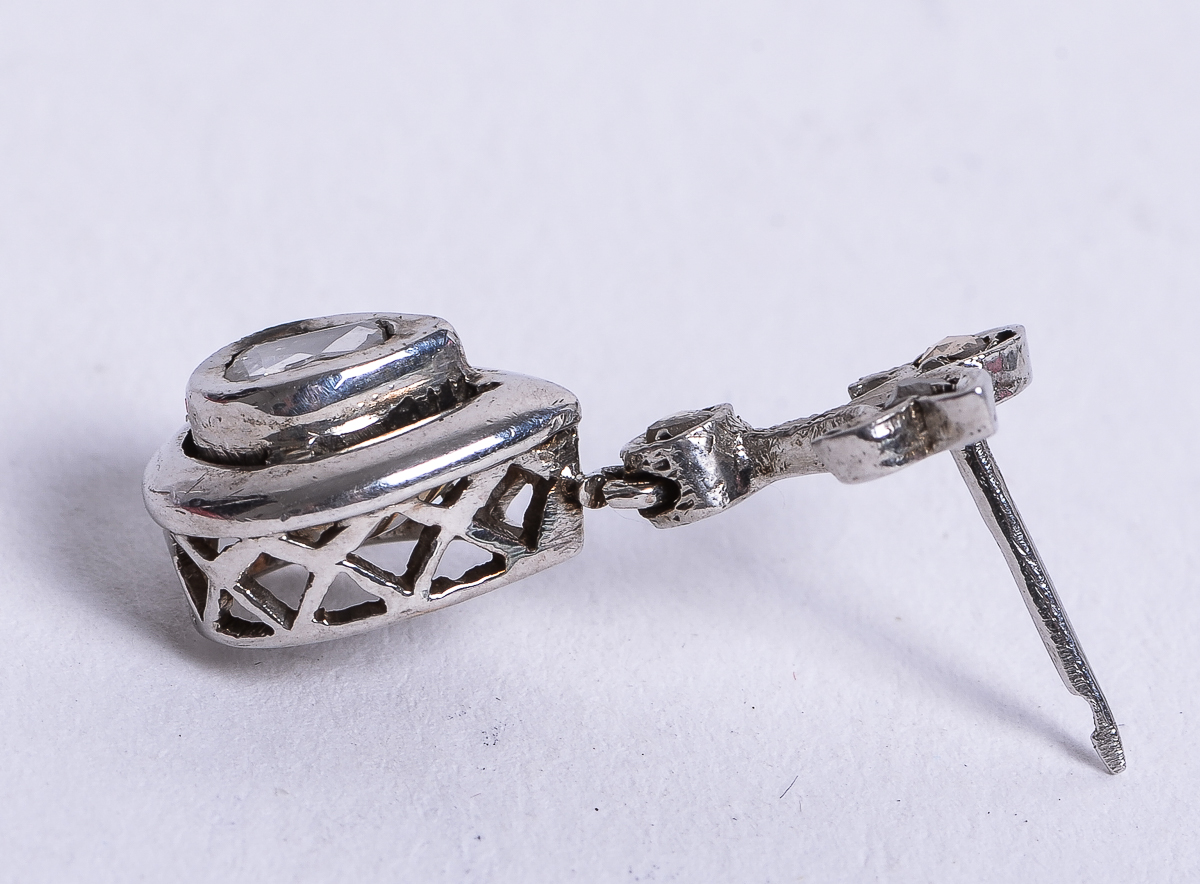 10K Antique White Gold and Rose Cut Diamond Drop Earrings