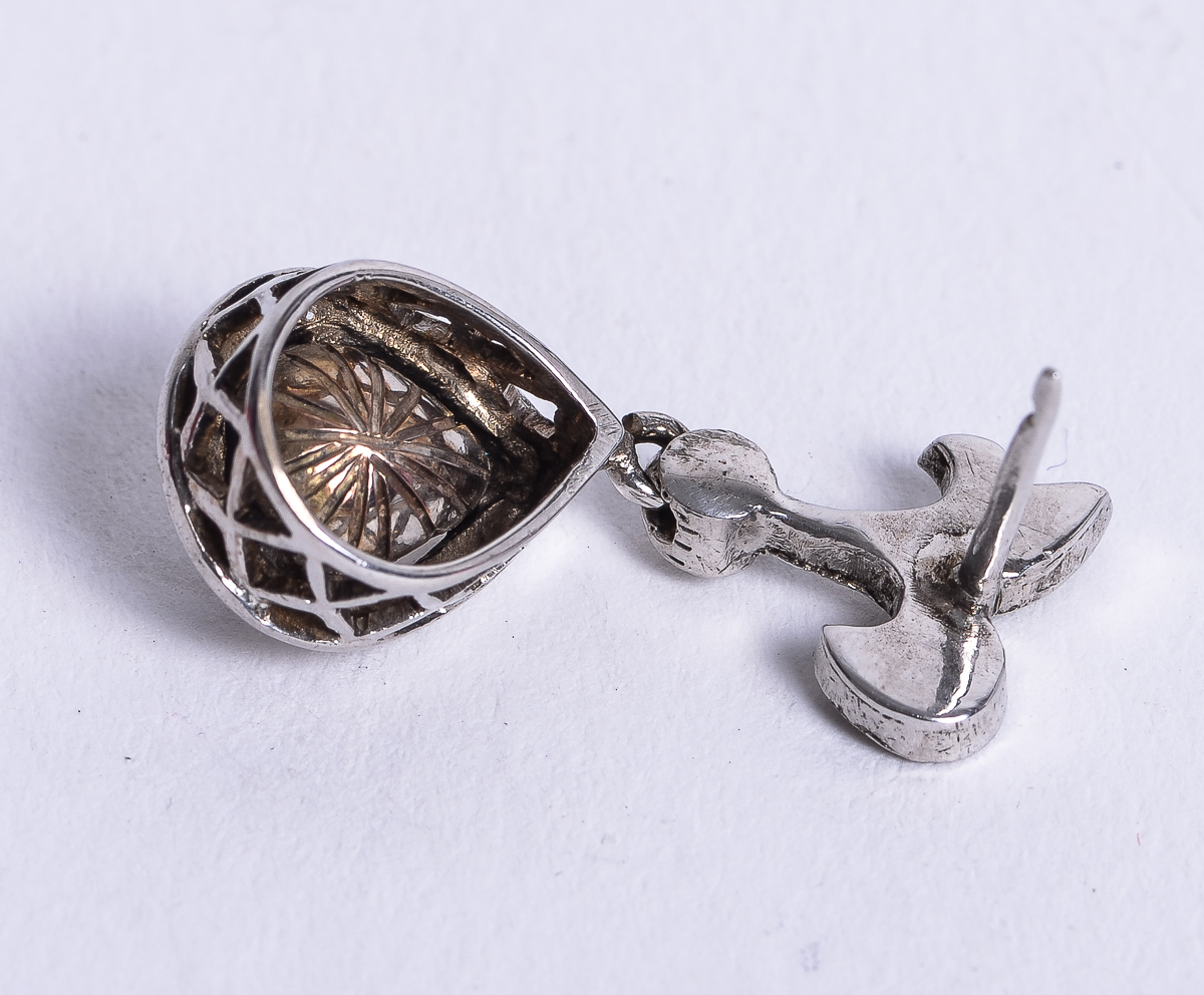 10K Antique White Gold and Rose Cut Diamond Drop Earrings