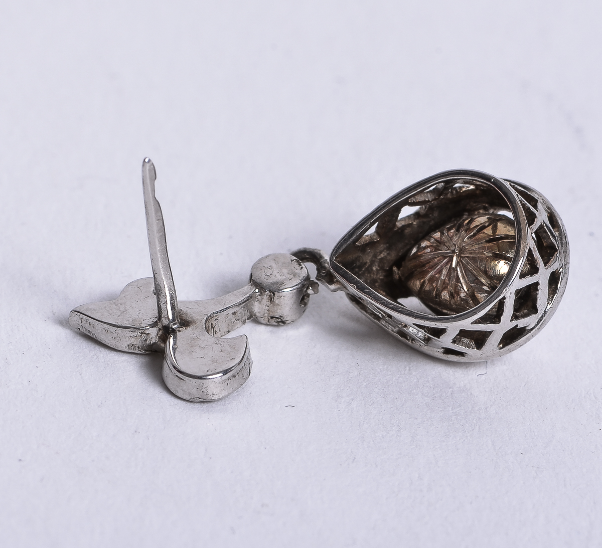 10K Antique White Gold and Rose Cut Diamond Drop Earrings