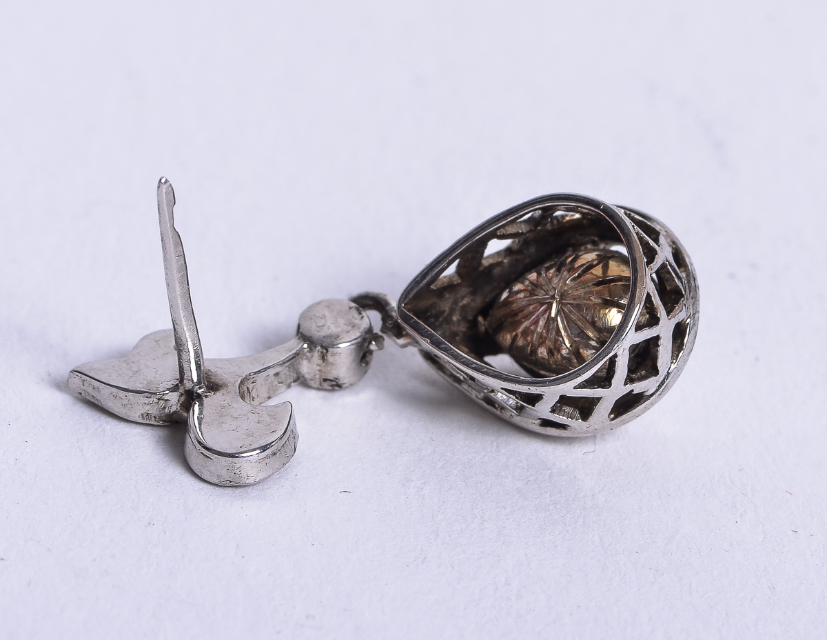 10K Antique White Gold and Rose Cut Diamond Drop Earrings