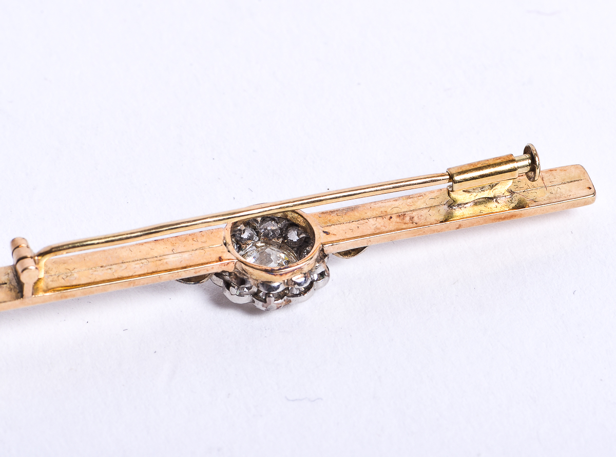 Antique 14K Yellow Gold and 1.10 CTW Old European Cut Diamond Bar Brooch