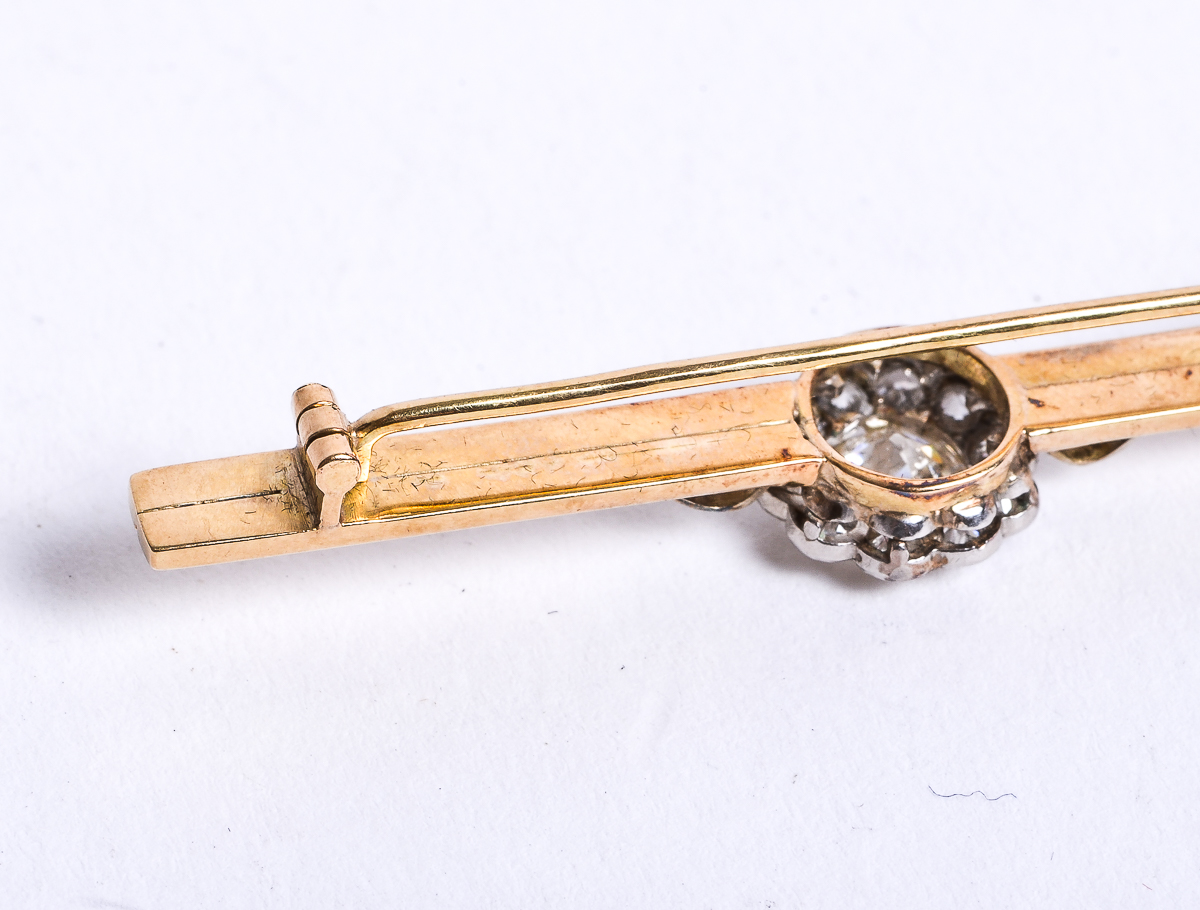 Antique 14K Yellow Gold and 1.10 CTW Old European Cut Diamond Bar Brooch