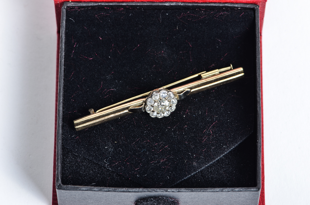 Antique 14K Yellow Gold and 1.10 CTW Old European Cut Diamond Bar Brooch