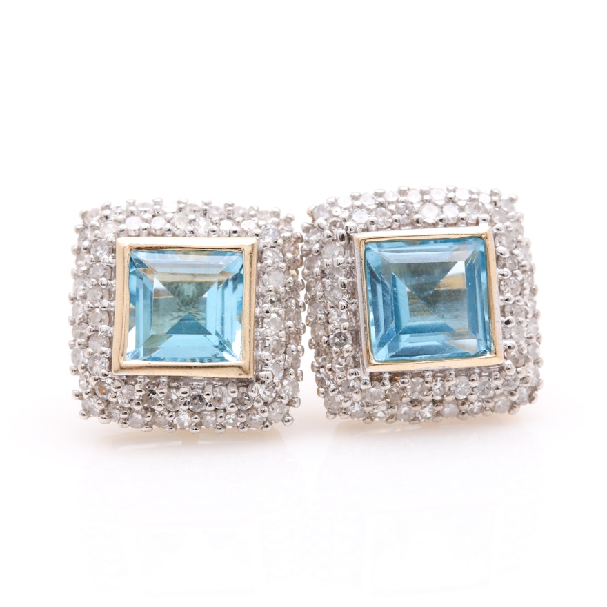 14K Yellow Gold Blue Topaz and 0.90 CTW Diamond Stud Earrings