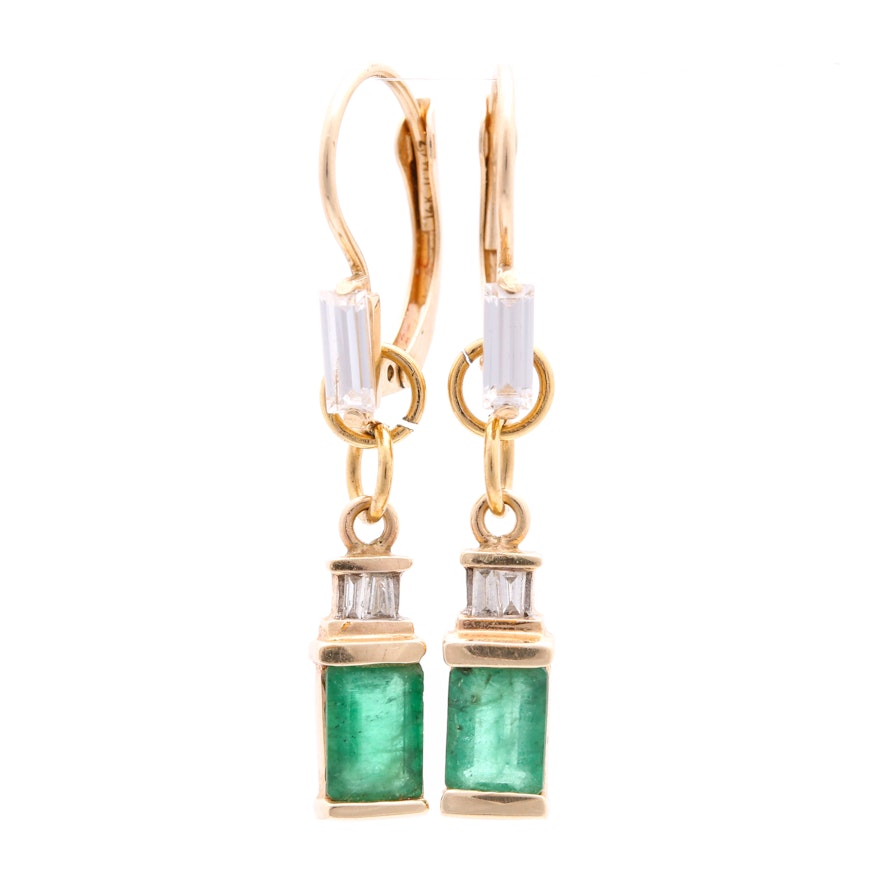 14K Yellow Gold Emerald and Diamond Dangle Earrings