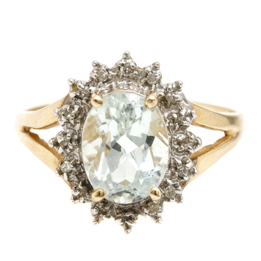 14K Yellow Gold Praesolite and Diamond Ring