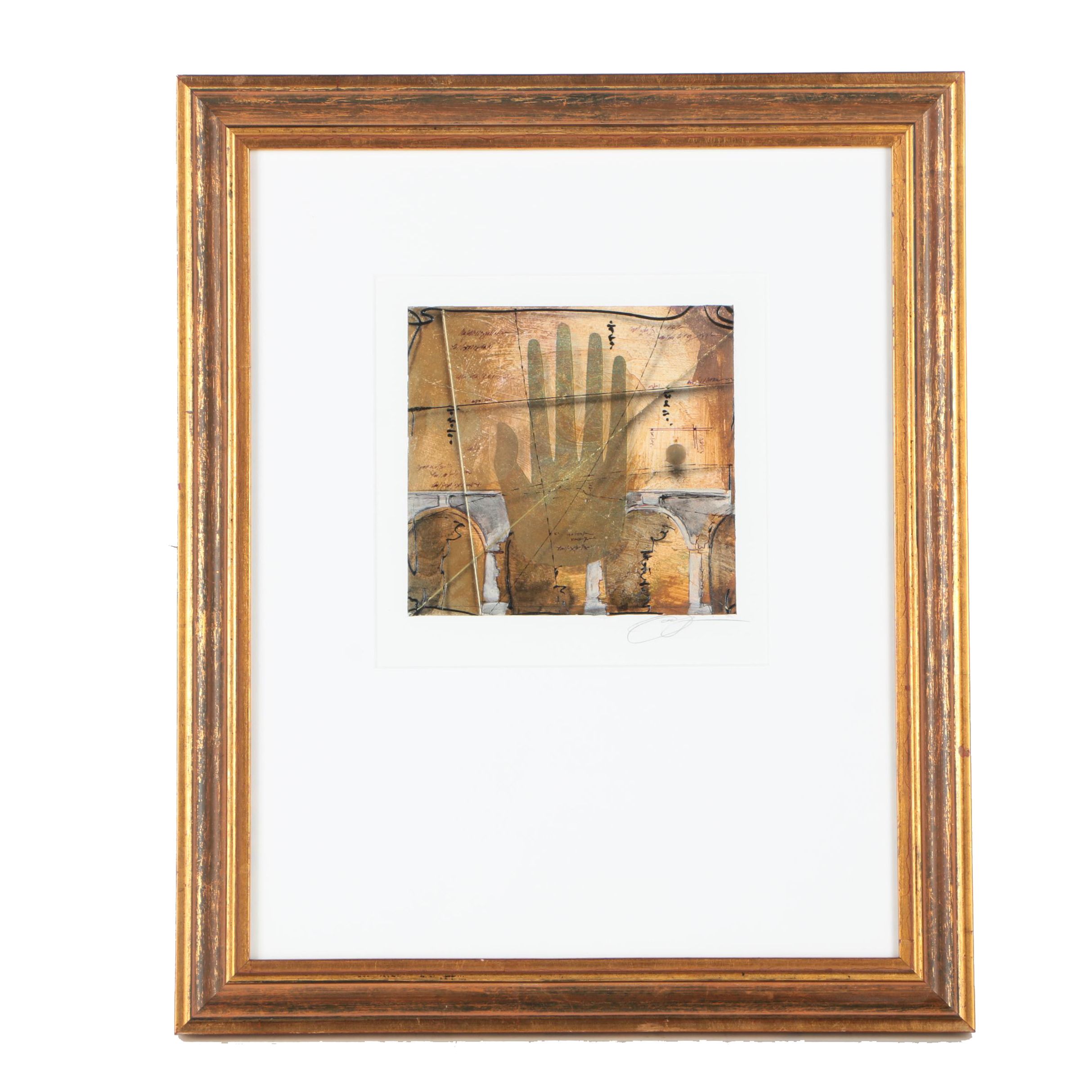 Mixed Media Work on Paper of Palm and Architectural Imagery