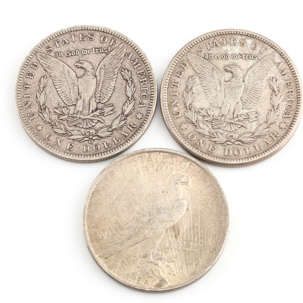 Two Morgan Silver Dollars and a Peace Silver Dollar