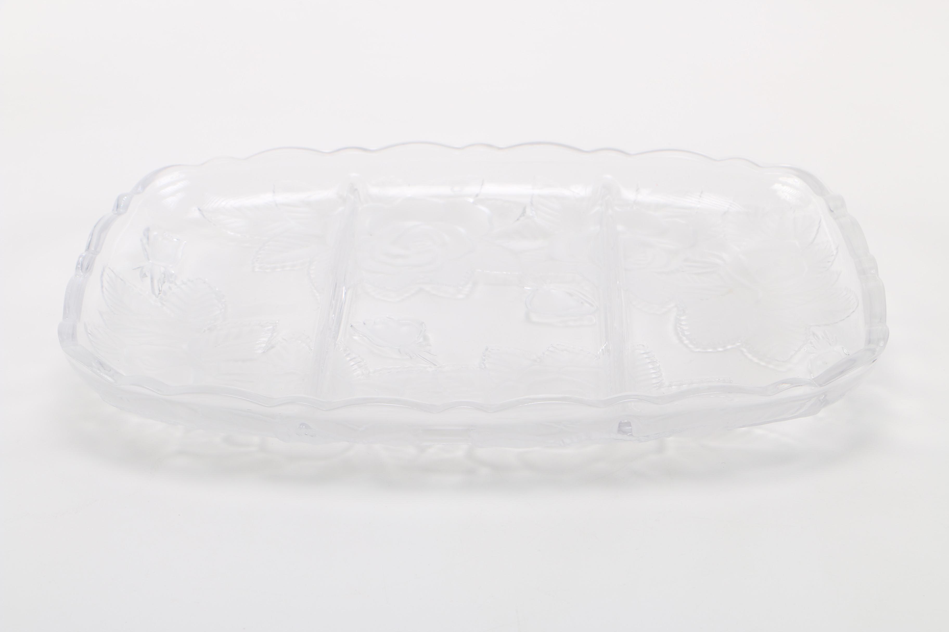 Pressed Glass Divided Trays With Rose Pattern
