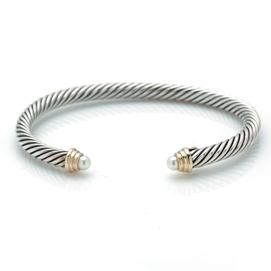 David Yurman 18K Yellow Gold and Sterling Silver Classic Cable Cultured Pearl Cuff