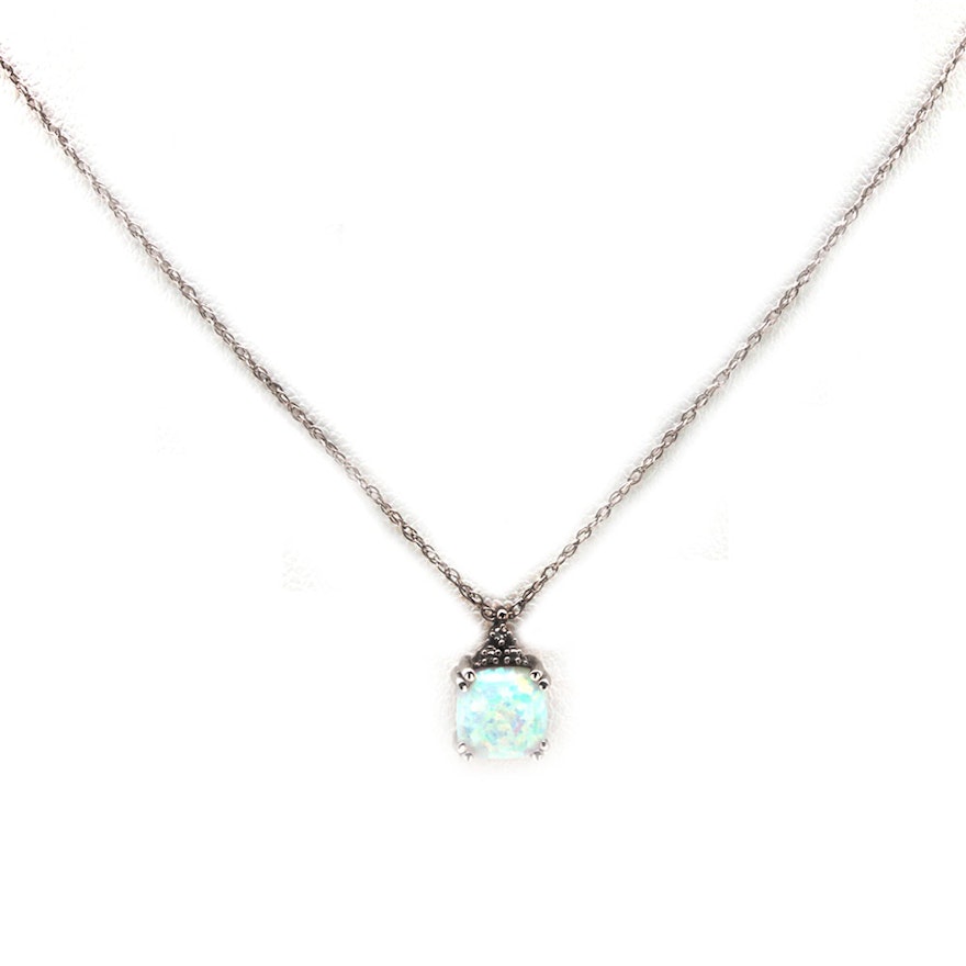 14K White Gold Opal and Diamond Pendant Necklace