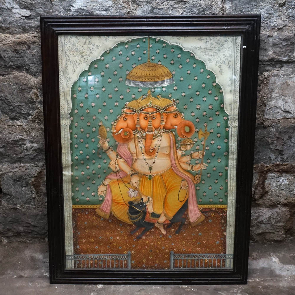 Large Indian Painting on Canvas of Three Headed Ganesha