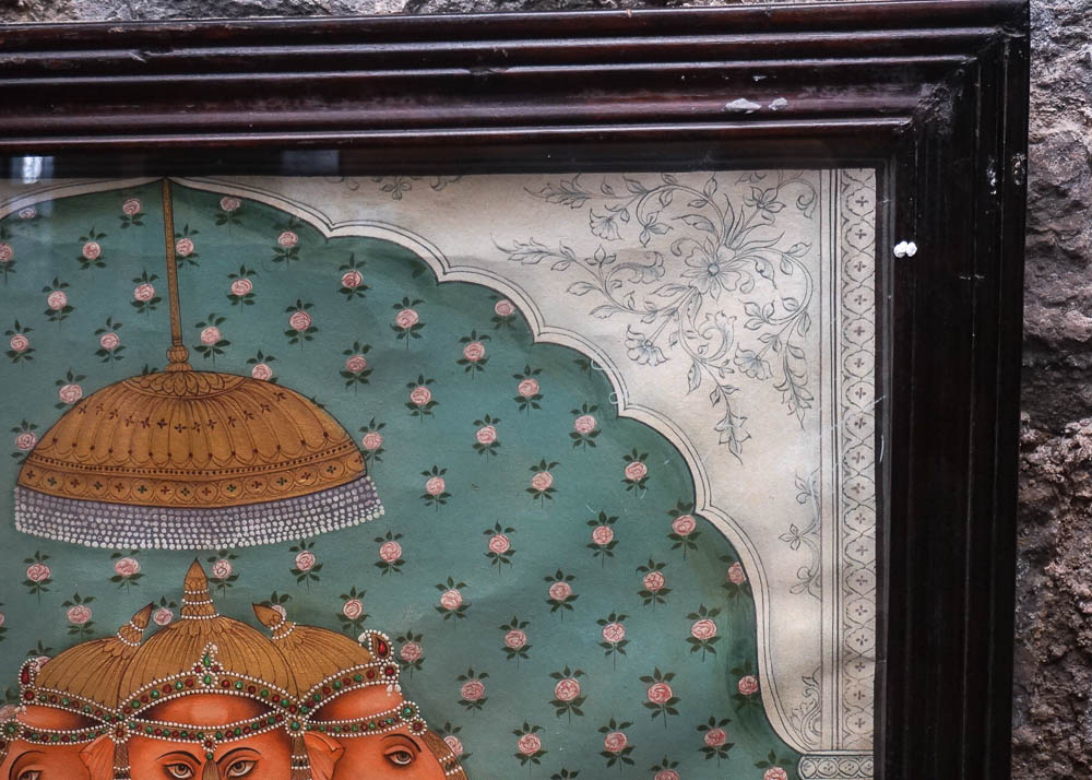 Large Indian Painting on Canvas of Three Headed Ganesha