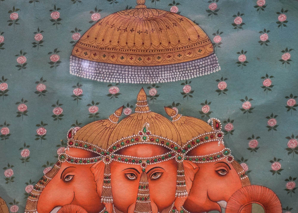 Large Indian Painting on Canvas of Three Headed Ganesha