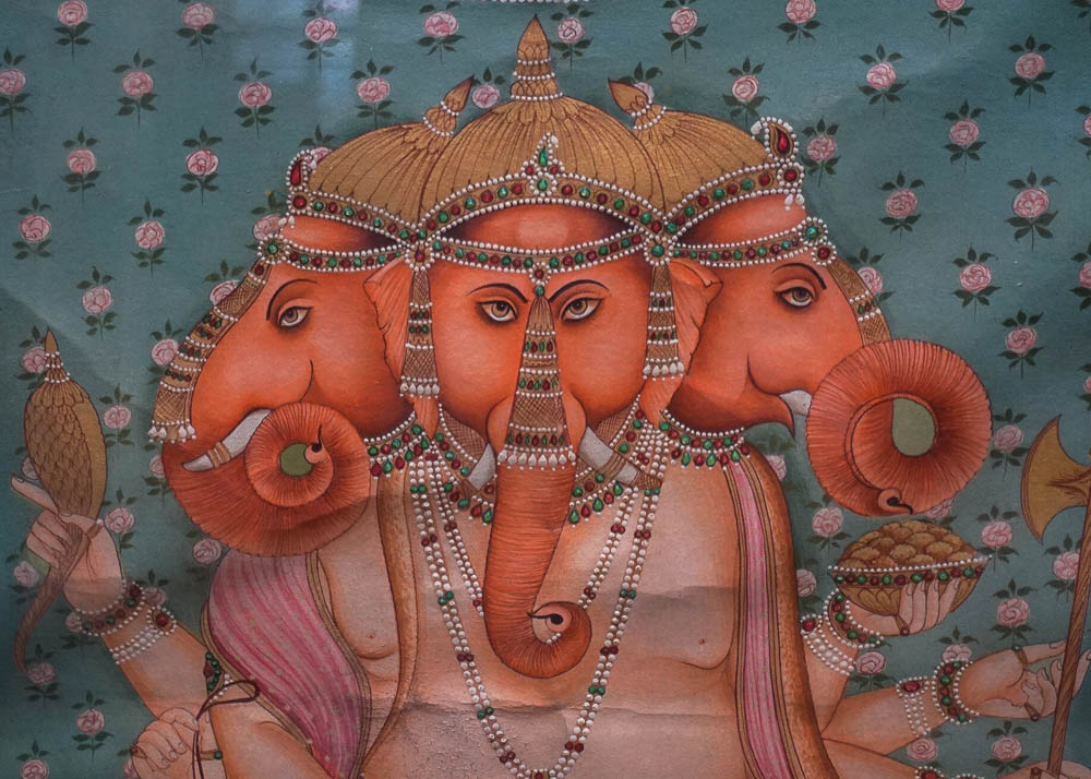Large Indian Painting on Canvas of Three Headed Ganesha