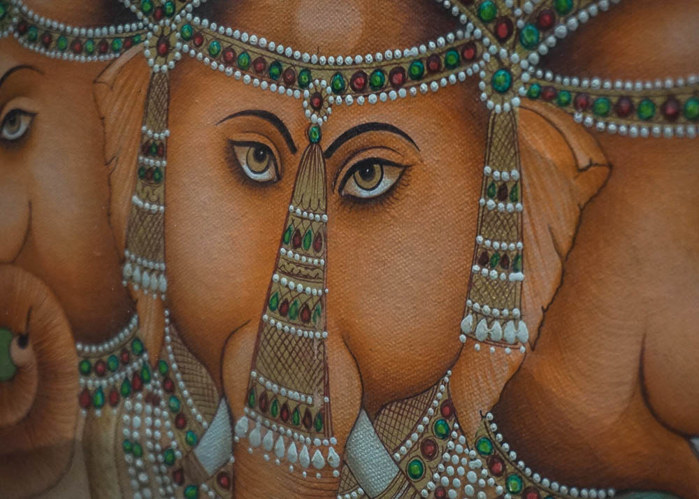 Large Indian Painting on Canvas of Three Headed Ganesha