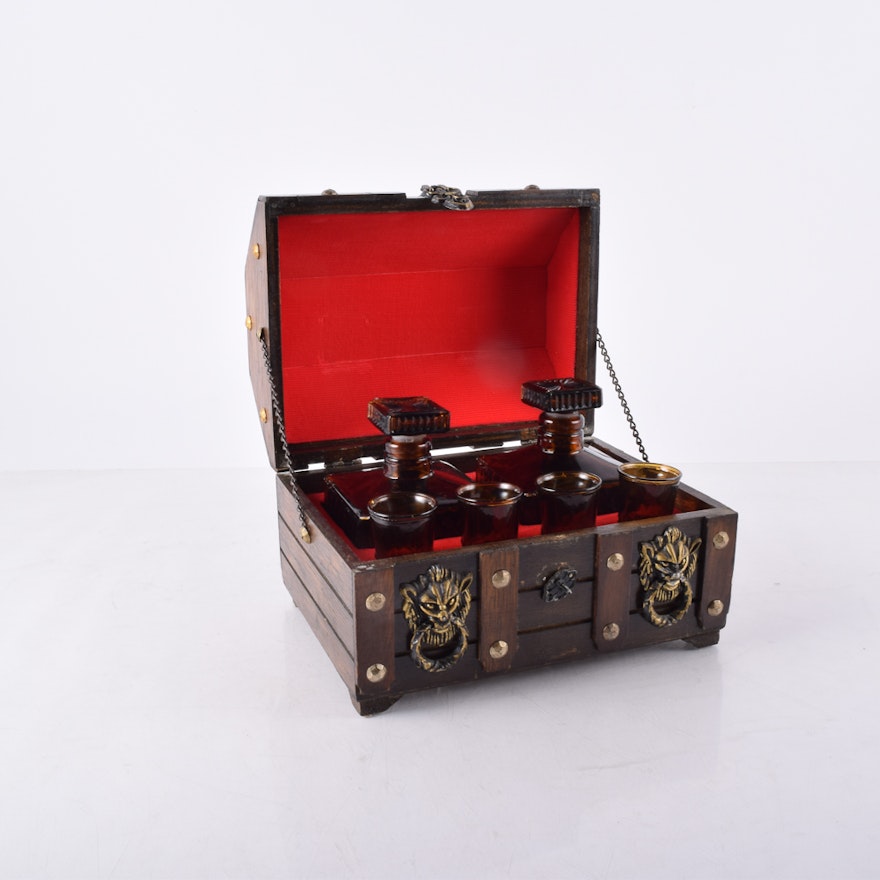 Glass Decanter Set in Wooden Chest