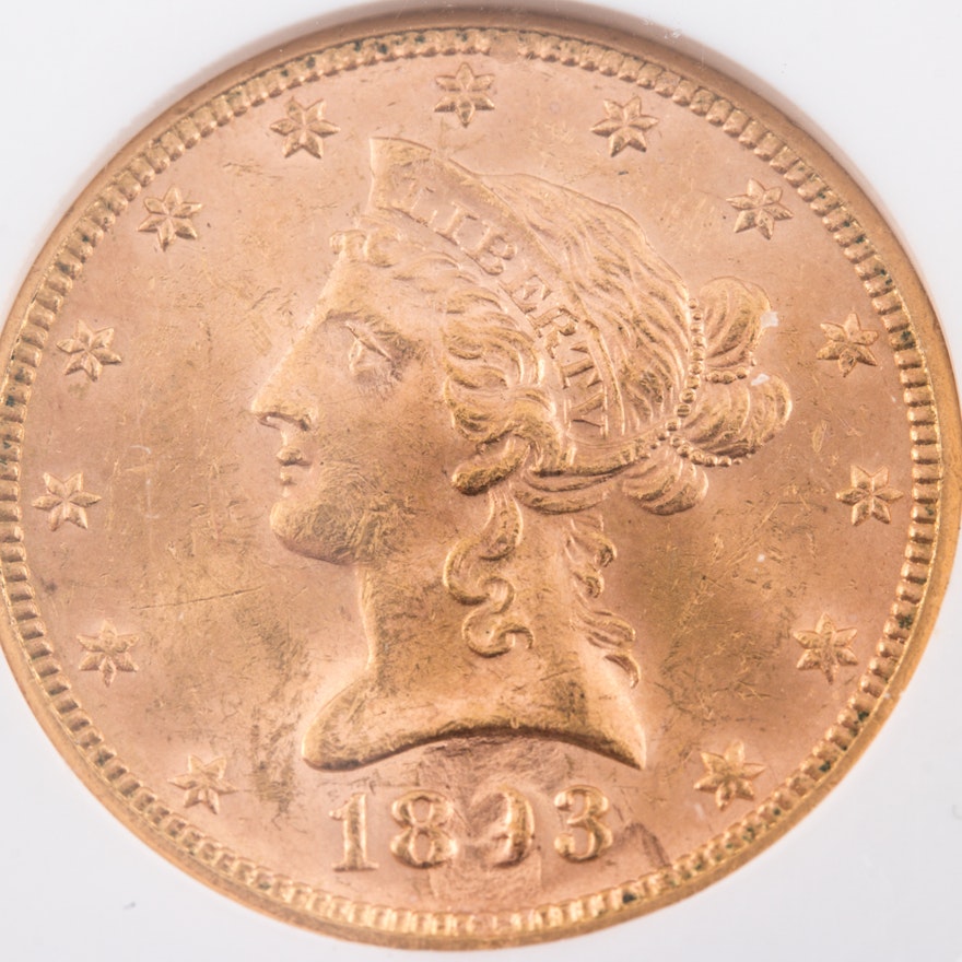 Encapsulated and Graded MS62 (by NGC) 1893 Liberty Head $10 Gold Eagle