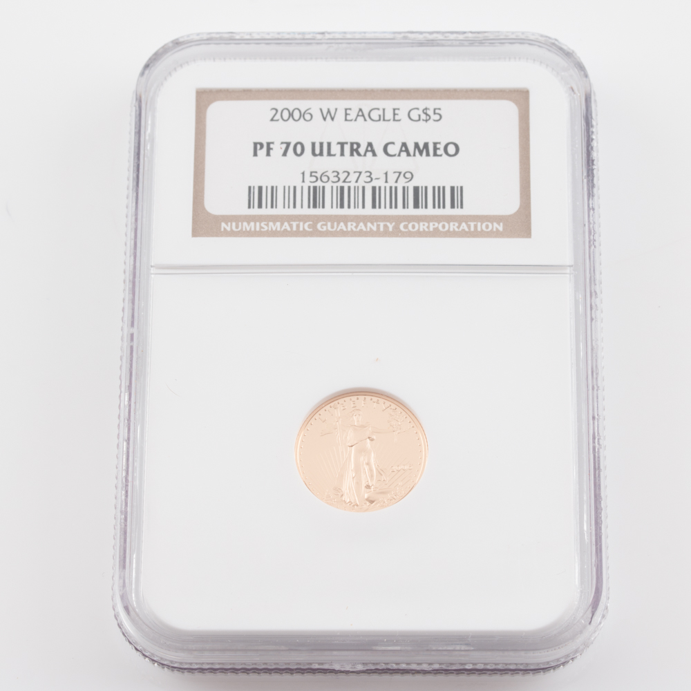 Encapsulated and Graded PF70 Ultra Cameo (by NGC) 2006 W $5 Gold Eagle Bullion Coin