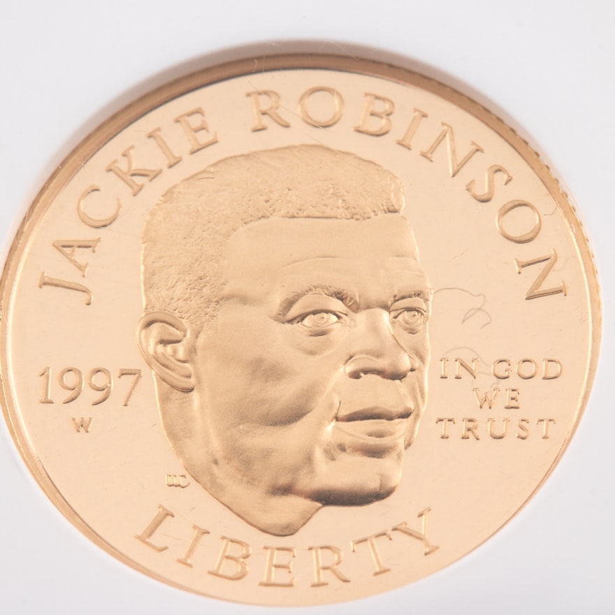 Encapsulated and Graded PF69 Ultra Cameo (by NGC) 1997 W $5 Jackie Robinson Commemorative Gold Coin