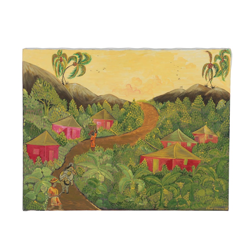Albert Dronette Acrylic Painting on Canvas of Tropical Village