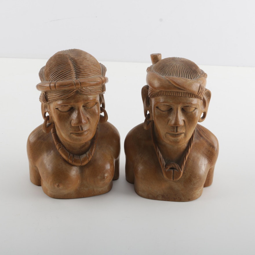 Igorot Inspired Carved Wooden Male and Female Busts